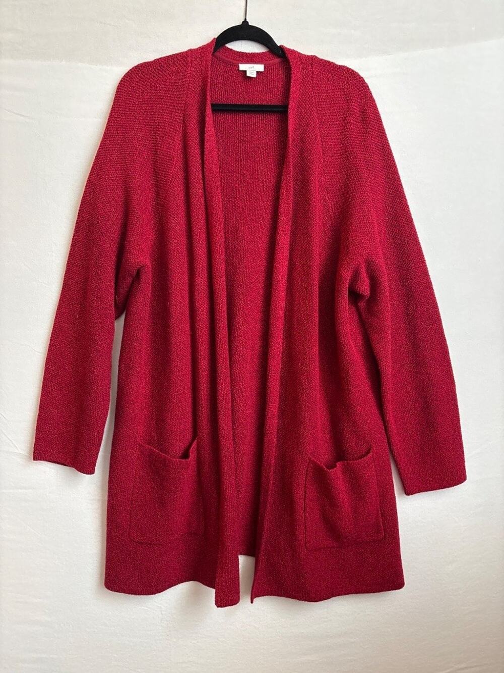 J.Jill Women's 2X Red Open Front Long Cardigan Sweater Cozy Classic Wool Silk